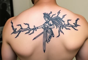 Greek goddess warrior with long dagger and realistic lighting bolts going around body Greek mythology style with dark shading tattoo idea