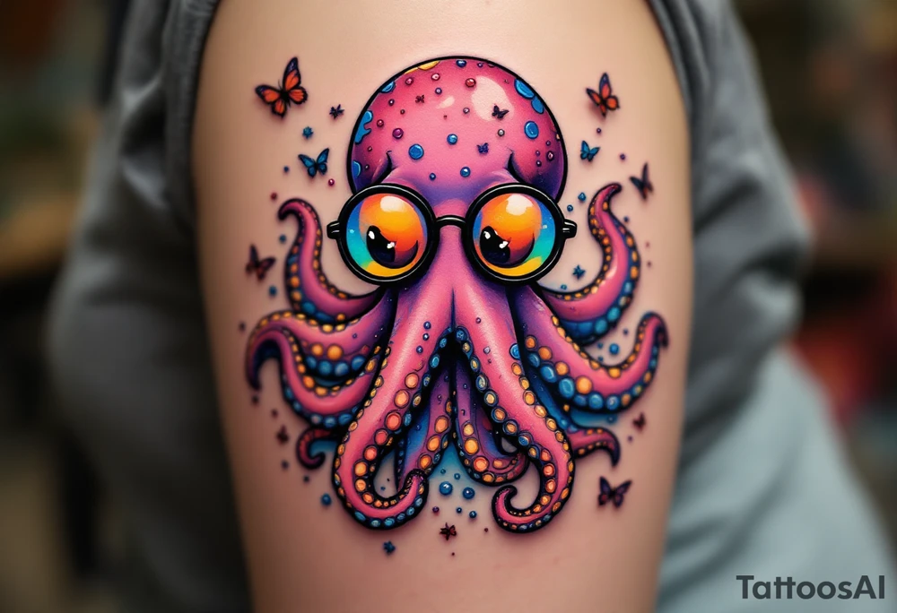 cute octopus, wearing glasses, friendly, surrounded by butterflies and oceanic items, trippy, acid tattoo idea