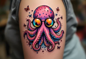 cute octopus, wearing glasses, friendly, surrounded by butterflies and oceanic items, trippy, acid tattoo idea