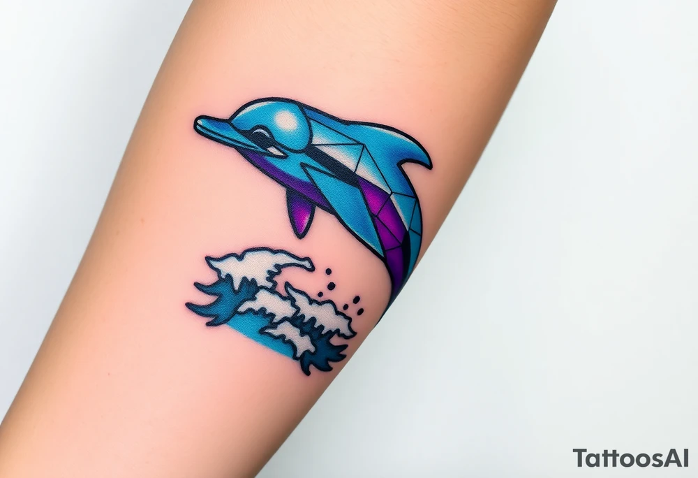 A pixelated dolphin emerging from digital waves, with cyberpunk hues of neon blue and purple tattoo idea