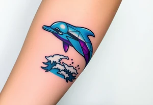 A pixelated dolphin emerging from digital waves, with cyberpunk hues of neon blue and purple tattoo idea