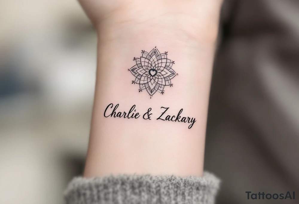 Create a small, elegant tattoo design that incorporates the names "Charlie" and "Zackary" in delicate, flowing cursive. Enclose the names inside a larger, refined symbol—such as a softly stylized mandala, circular frame, or subtle shield—to represent unity and protection. Integrate gentle accents like a small heart, minimal floral details, or an infinity symbol to evoke enduring love and family. The overall design should be minimalist and refined, perfect for discreet placement on the wrist or inner forearm. tattoo idea