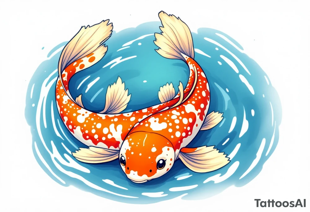 Speckled Orange Koi with Ripples – A playful koi with mottled orange and white patterns, creating soft ripples in a calm blue pond. tattoo idea