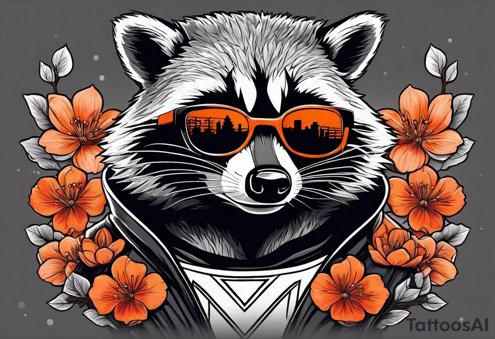 Raccoon wearing a white Superman logo on a black hoodie and orange Japanese cherry blossoms beside tattoo idea