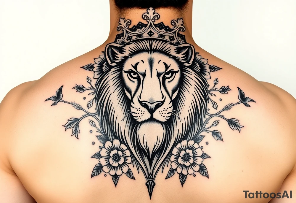 powerful majestic lion with a crown, surrounded by floral ornaments and birds tattoo idea