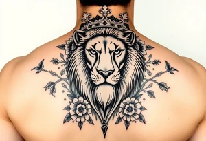 powerful majestic lion with a crown, surrounded by floral ornaments and birds tattoo idea