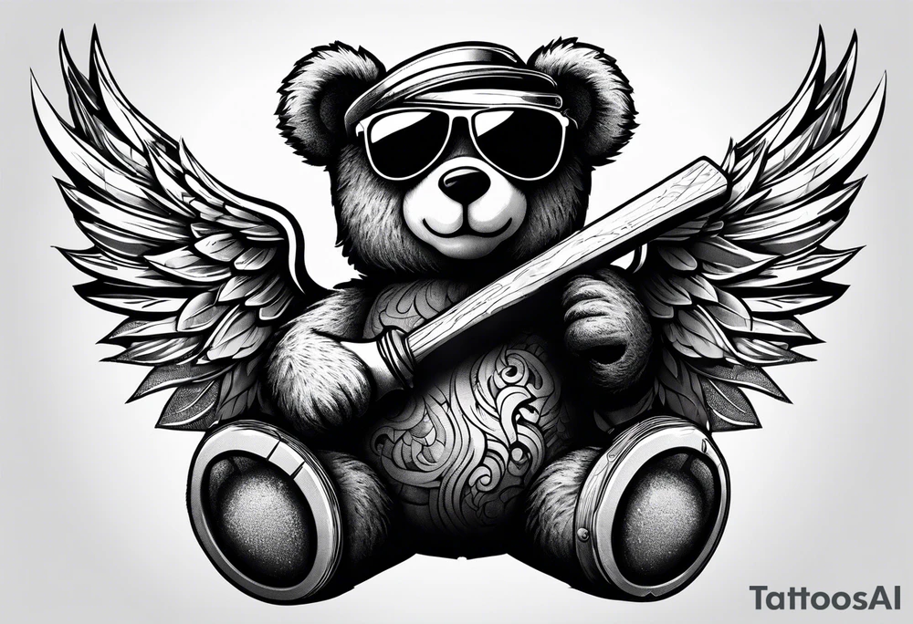 Teddy bear with wings wearing big sunglasses holding a hammer tool tattoo idea