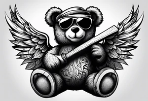 Teddy bear with wings wearing big sunglasses holding a hammer tool tattoo idea