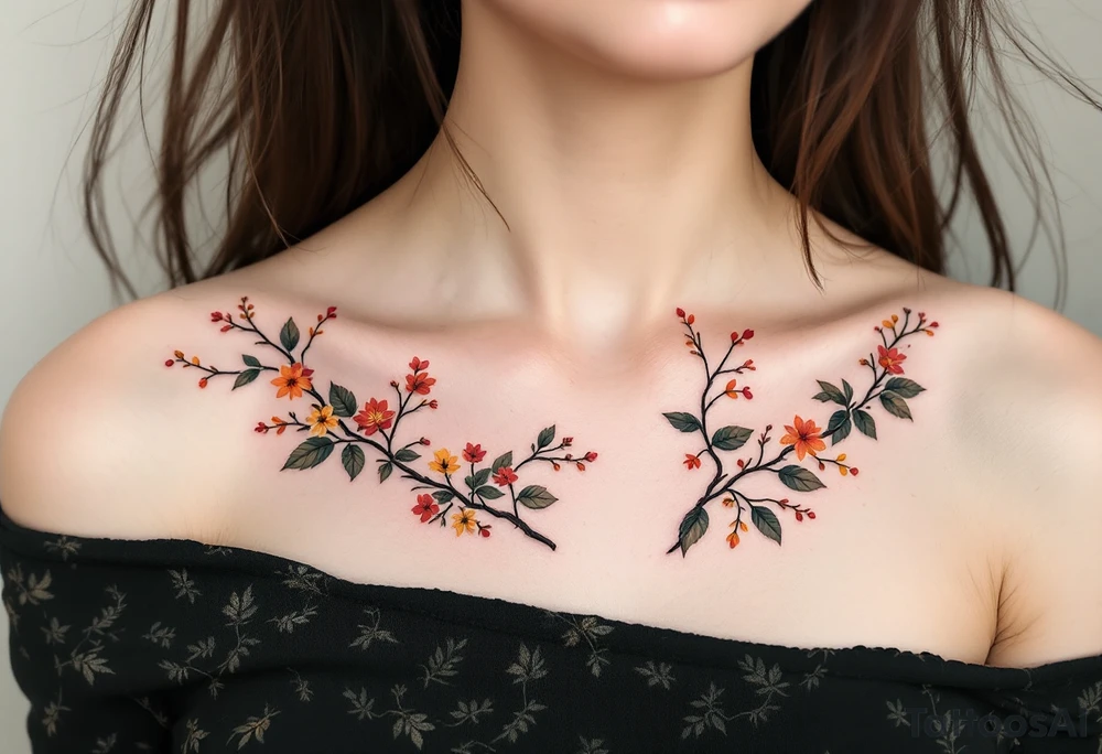 Two separate collarbone tattoos of long, stems and branches covered with red, orange, yellow and dark forest green leaves and flowers, fall themed, muted, delicate and gentle but moody, long and thin, following the collarbone. More muted, not so bright tattoo idea