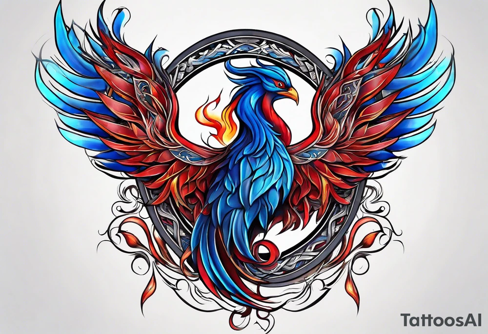 Blue and red Phoenix in a triquetra with flames tattoo idea