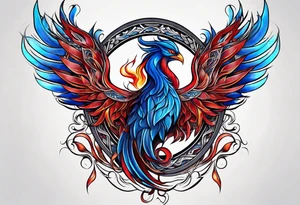 Blue and red Phoenix in a triquetra with flames tattoo idea