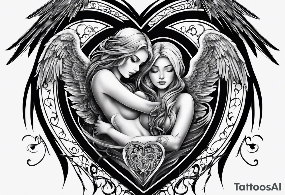Tattoo drawing in black and grey of an angel holding a heart in both her arms, name Leah is written in gothic letters. tattoo idea