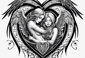 Tattoo drawing in black and grey of an angel holding a heart in both her arms, name Leah is written in gothic letters. tattoo idea