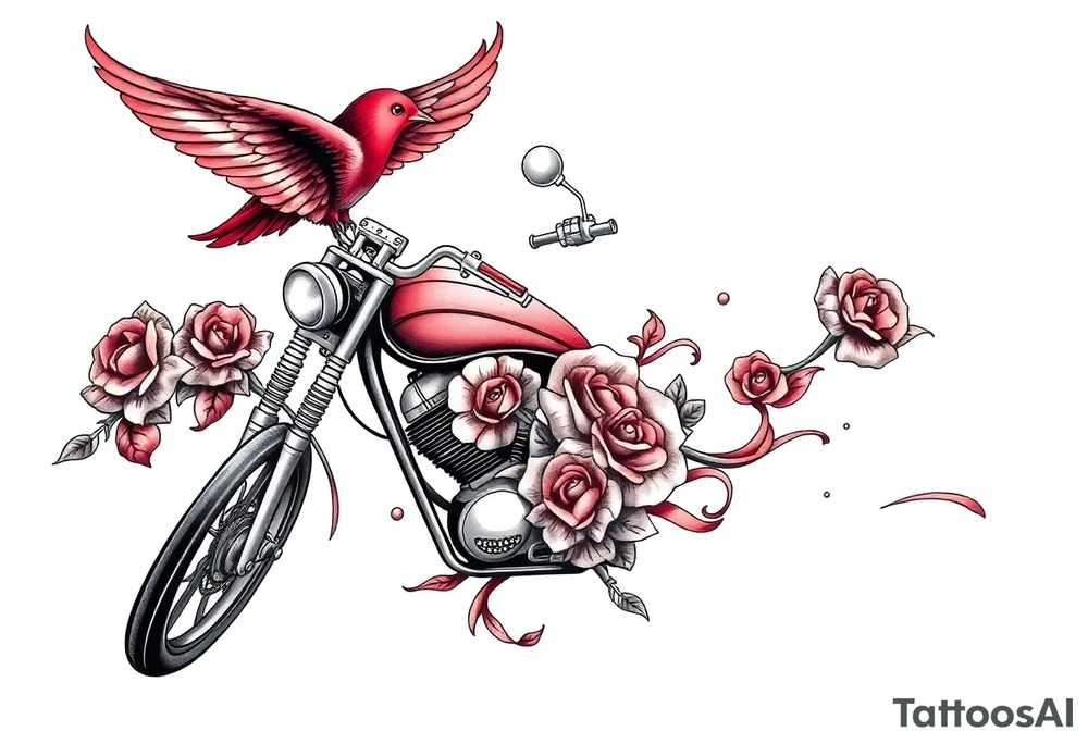 Motorcycle, red bird flying, roses and lace, flames tattoo idea