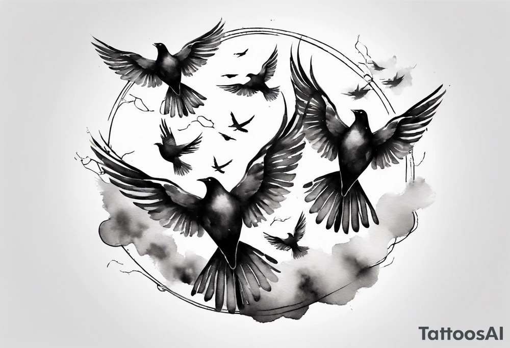 shoulder tattoo with light rays with birds flying free among the clouds, round shape, 3d effect tattoo idea shoulder tattoo with light rays with birds flying free among the clouds, round shape, 3d effect tattoo idea