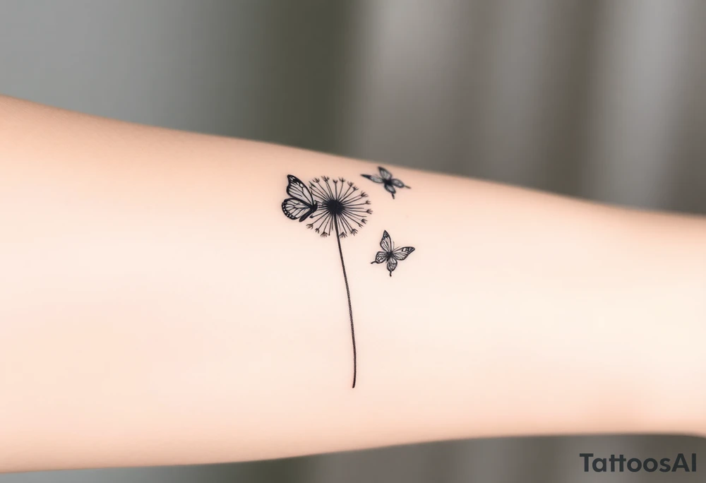 a dandelion and two butterflies flying around it. tattoo idea