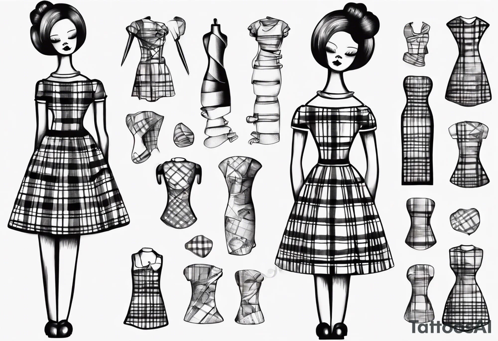 drawing of a dressmaker's dummy wearing a little girl's plaid dress tattoo idea