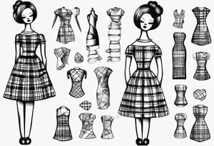 drawing of a dressmaker's dummy wearing a little girl's plaid dress tattoo idea