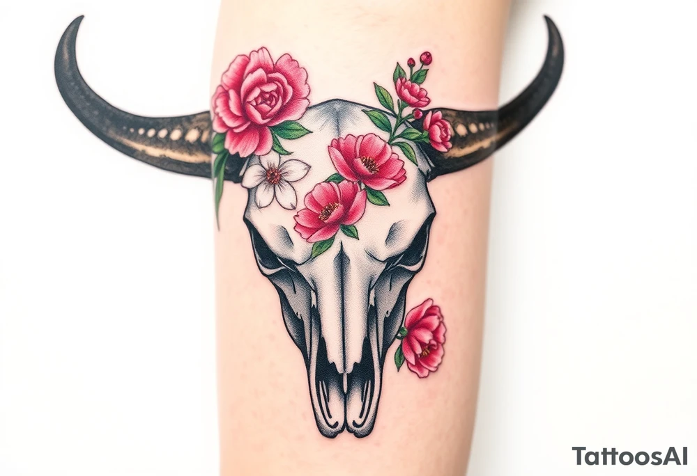 Buffalo skull with flowers. Peony, snowdrop, holly with berries, larkspur, peony. Colour. For upper arm. Masculin. 1:2 aspect

Have one peony and snowdrop above horns. Have holly with berries, larkspur, peony below horns. tattoo idea