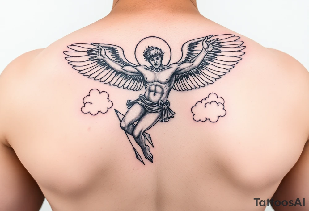 Icarus falling from the sky with clouds around him tattoo idea