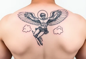 Icarus falling from the sky with clouds around him tattoo idea