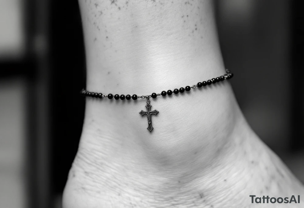 Delicate black‑ink rosary wrapping twice around the ankle, fine bead‑by‑bead shading that creates soft depth; each bead slightly worn for a vintage look, ending at the front of the ankle with a small detailed silver‑gray crucifix that rests just below the anklebone, subtle highlights on the chain links to suggest polished metal while keeping the overall palette muted charcoal and cool gray for an elegant, timeless feel. tattoo idea