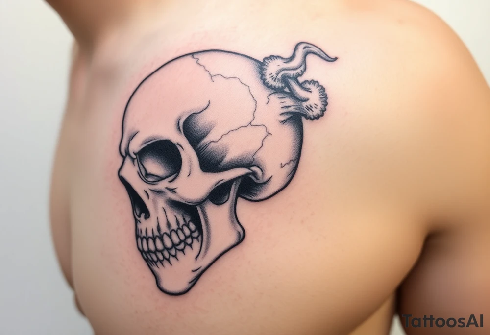 right side of a skull with majestic fungus out of its eyes and mouth tattoo idea