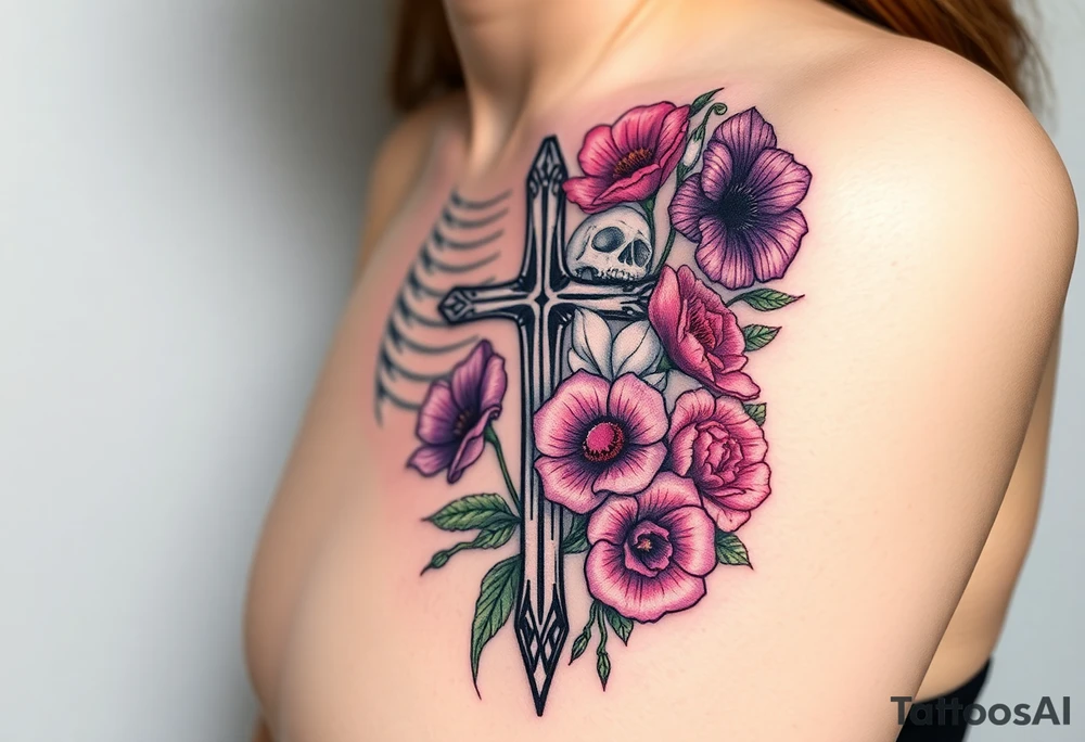 A tattoo with skeleton and a cross representing from death to life. Incorporate the following flowers in a bouquet coming out of the life side. Morning Glory, Lily of the Valley, Daffodil, Rose, Poppy, Violet tattoo idea