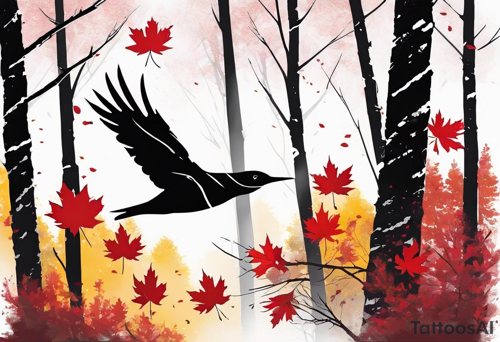trash polka style. Arm tattoo. chest tattoo. Long tattoo. large tattoo. Full sleeve. Shoulder. A single large maple tree with red autumn leaves that branches upwards from wrist to shoulder. White-throated dipper bird on the trees branches. Calluna flowers at the base of the trees stem. Tree stem has dark colors. Red/yellow sunset behind the trees stem. Leaves falling. tattoo idea