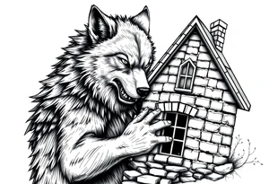 Big bad wolf hugging and puffing and blowing a brick house down tattoo idea