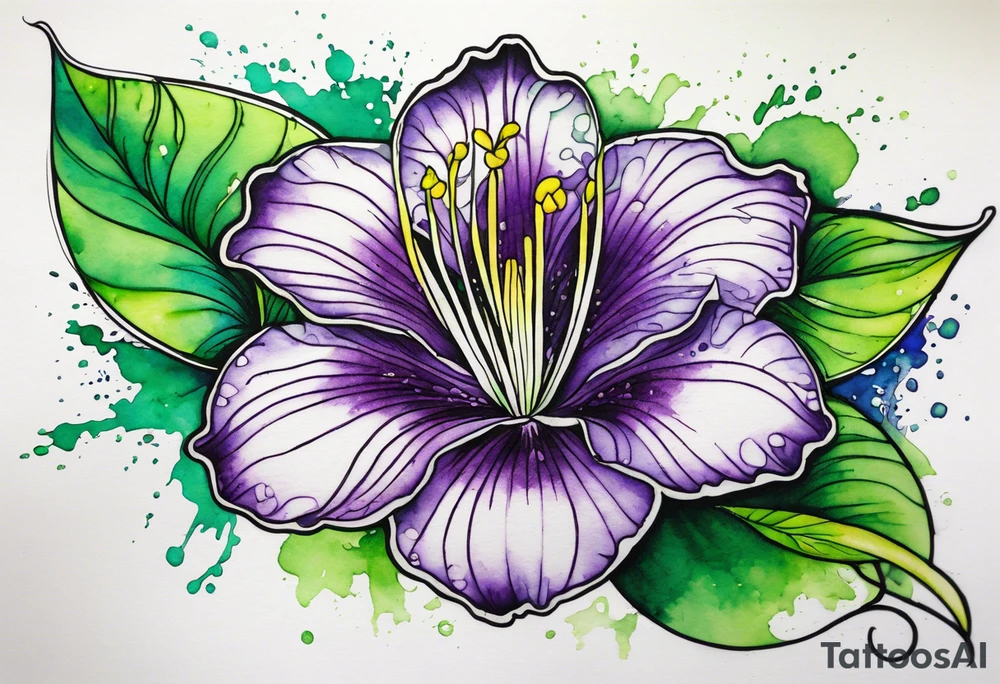 An outline of a rio dipladenia flower with green/purple pedals and a green/purple watercolor splash in the background tattoo idea