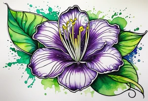 An outline of a rio dipladenia flower with green/purple pedals and a green/purple watercolor splash in the background tattoo idea