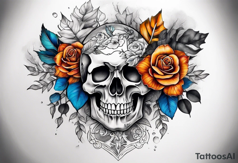 Front knee tattoo with fall colors, small flowers, rose, dvil skull, leaves, blue water flows with washes and background tattoo idea