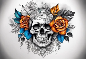 Front knee tattoo with fall colors, small flowers, rose, dvil skull, leaves, blue water flows with washes and background tattoo idea