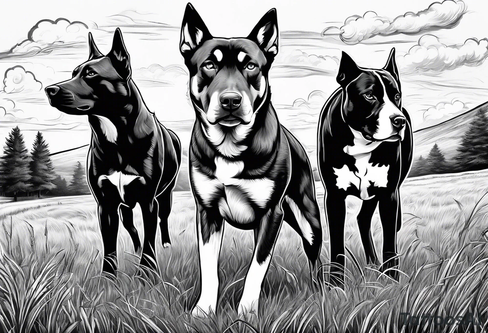 husky and pitbull looking at cow pasture tattoo idea