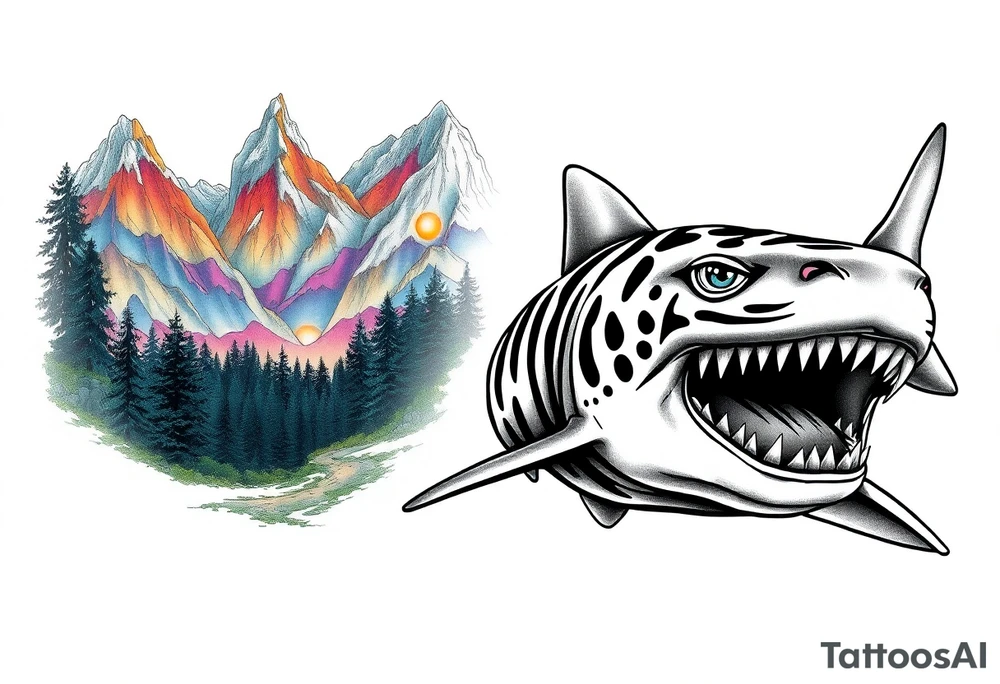 forest mountains in color and tiger shark in black and white tattoo idea