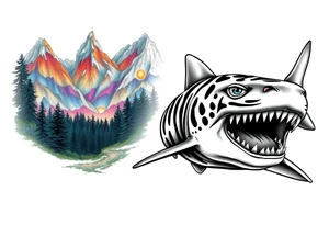 forest mountains in color and tiger shark in black and white tattoo idea