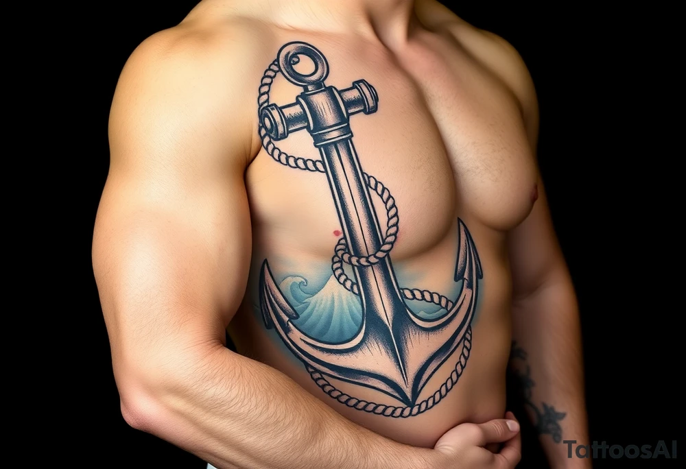 weathered anchor wrapped in nautical rope with sea waves tattoo idea