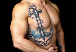 weathered anchor wrapped in nautical rope with sea waves tattoo idea