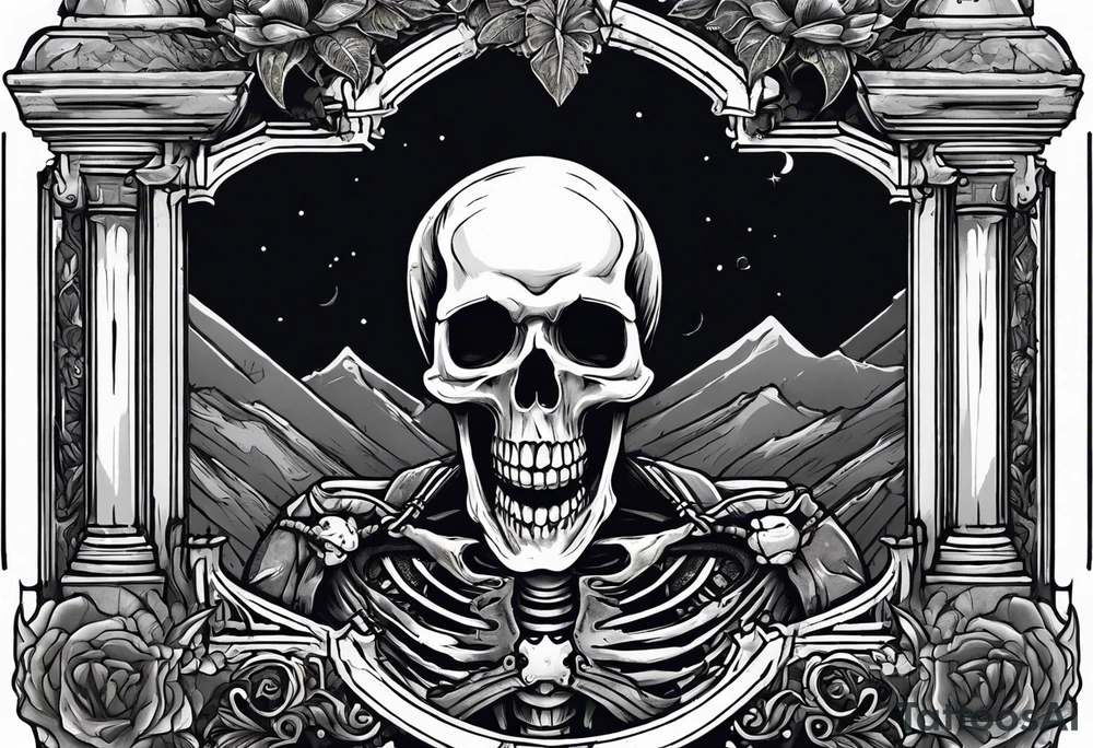 Skeleton crawling out of grave. 
MIW Reincarnate written on gravestone tattoo idea