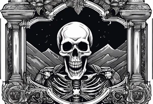 Skeleton crawling out of grave. 
MIW Reincarnate written on gravestone tattoo idea