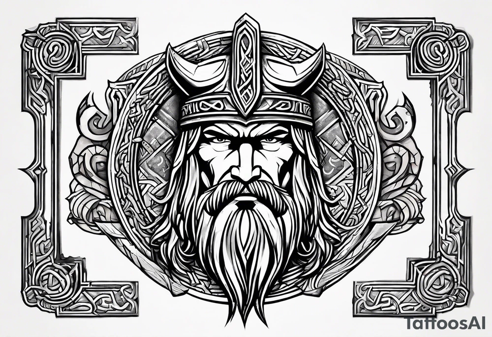Thor with Viking runes in the background as a vignette tattoo idea