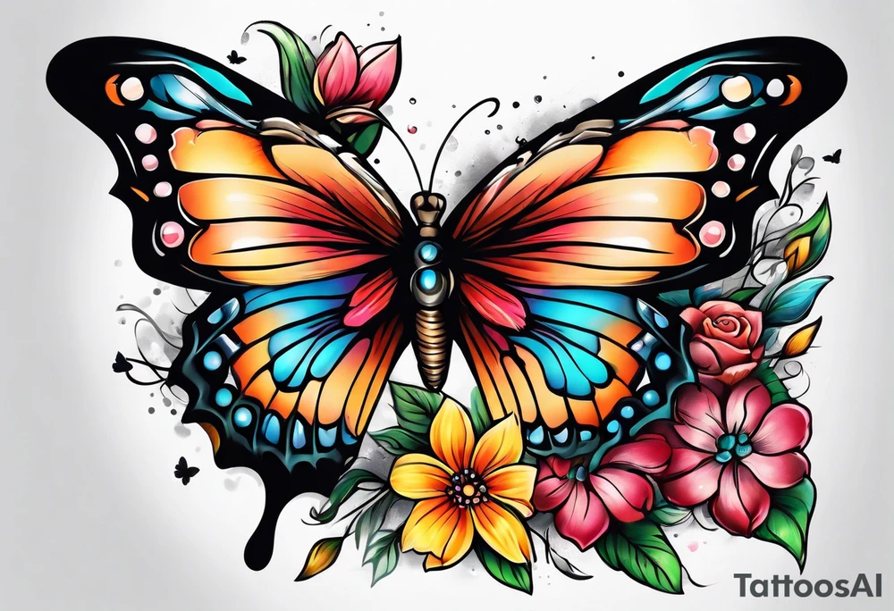 Sleeve with butterflies and colorful flowers tattoo idea
