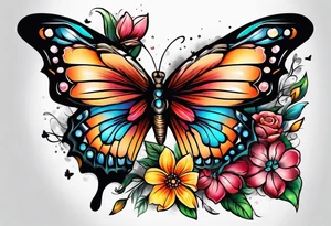 Sleeve with butterflies and colorful flowers tattoo idea