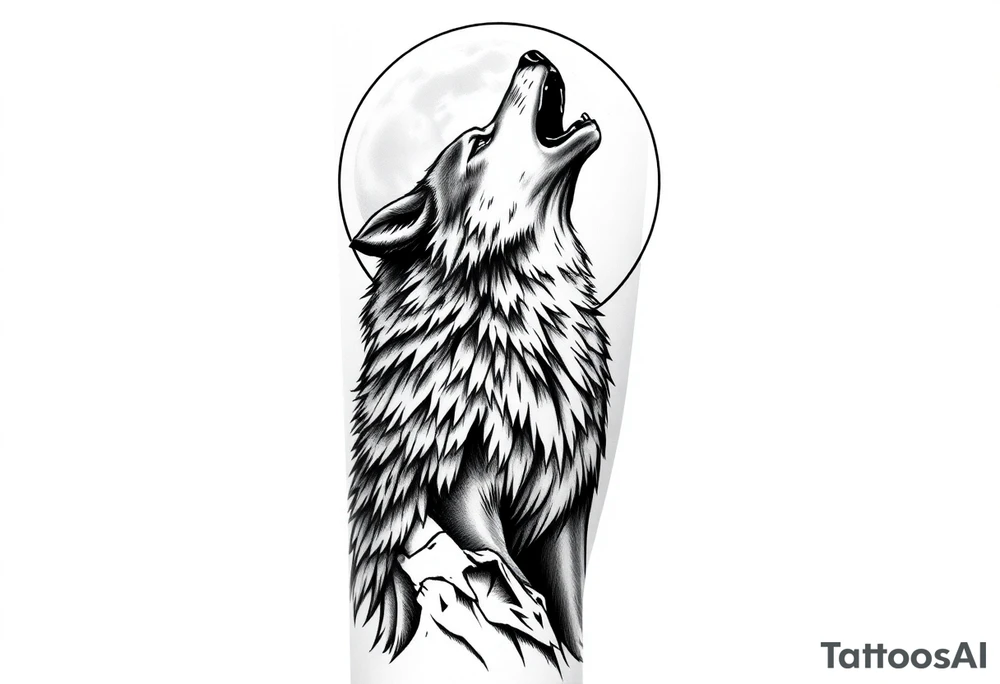 lone wolf howling at full moon with northern lights backdrop tattoo idea