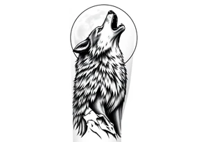 lone wolf howling at full moon with northern lights backdrop tattoo idea