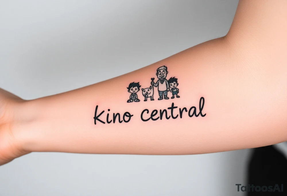 Forearm tattoo of cartoon characters standing on top of the words kino central tattoo idea