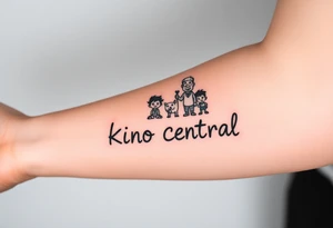 Forearm tattoo of cartoon characters standing on top of the words kino central tattoo idea