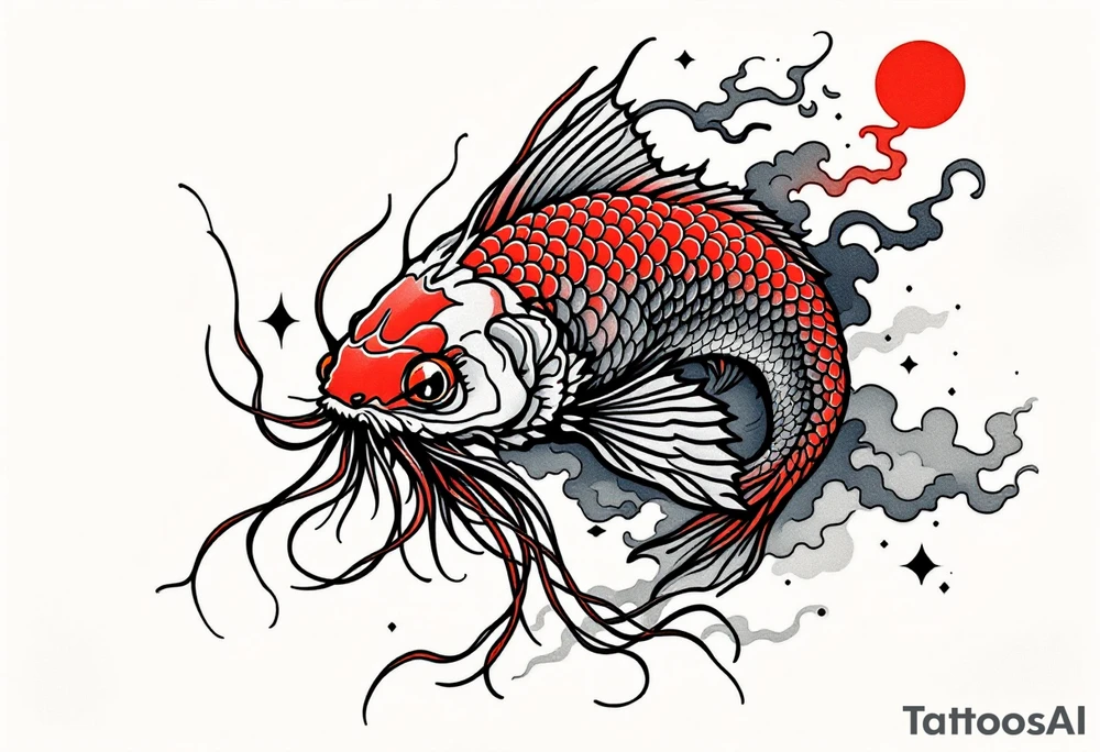 A fantasy hybrid catfish with long whiskers resembling tendrils, crimson and smoky gray scales,swirling through stylized clouds and mist. tattoo idea