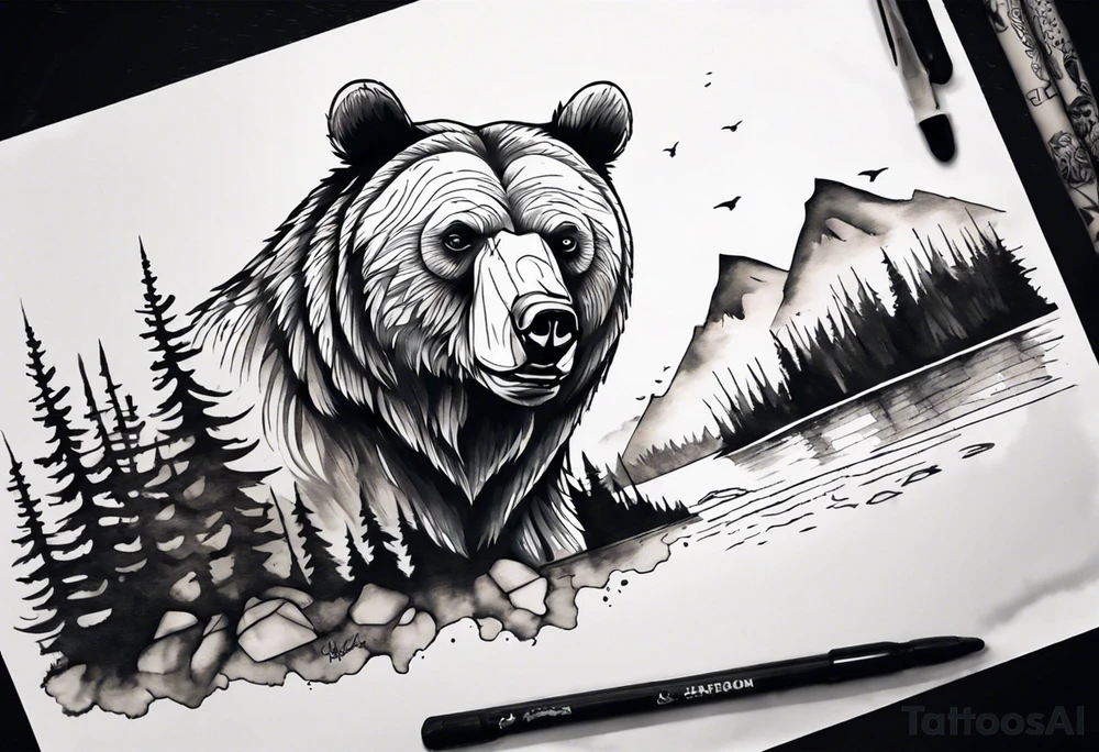bear head right above the forest line with a lake below, full arm sleeve tattoo tattoo idea
